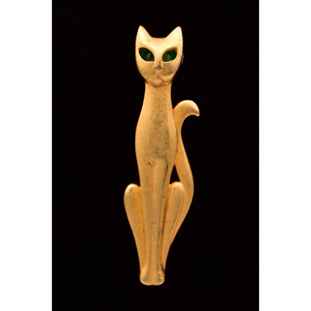 AJC Vintage Cat Pin Brooch Siamese Brushed Gold Green Cabochon Signed 80s BinBG